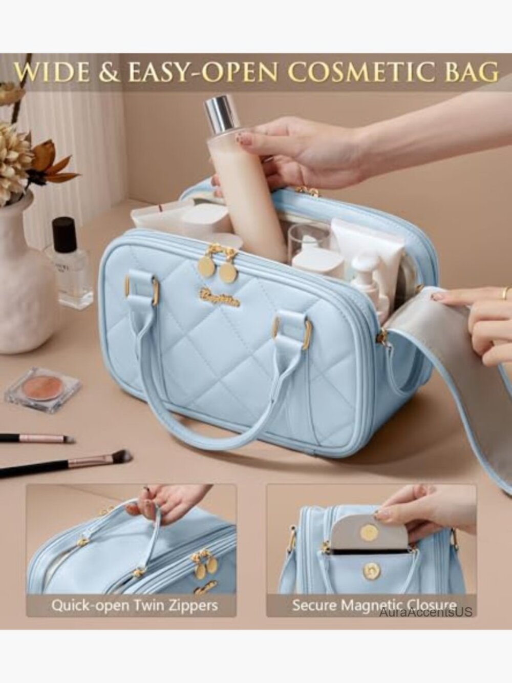 Large Capacity Quilted Toiletry Bag Stand-up Cosmetic Case Organizer with - Picture 5 of 6
